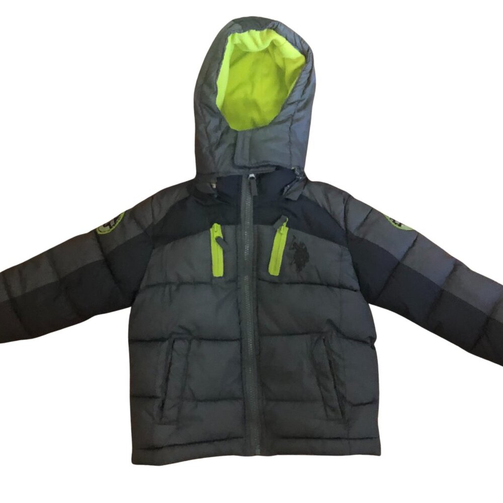 U.S. Polo Assn. Boys 4T Winter Puffer Coat Gray Neon Green Hooded Jacket